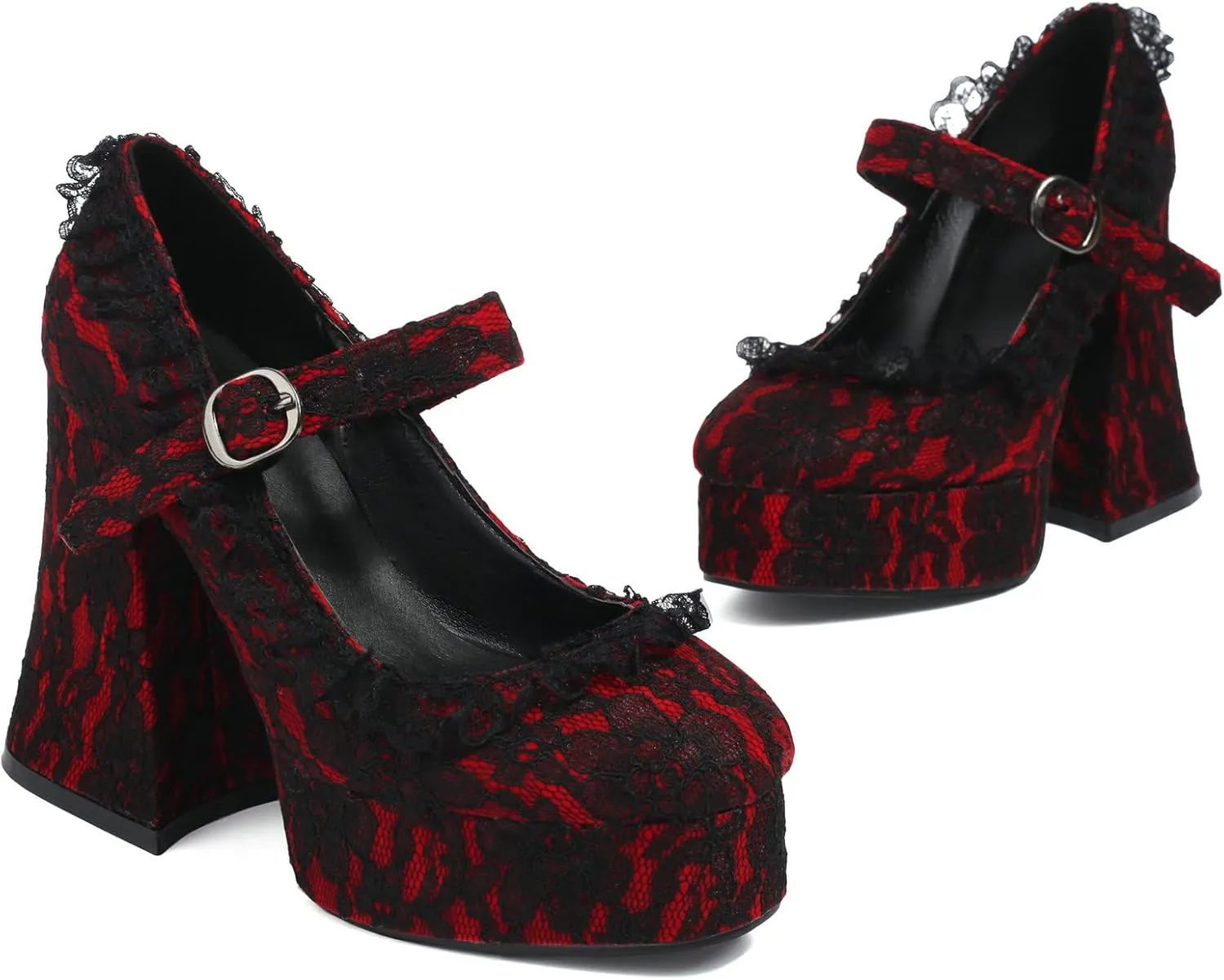 LUXMAX Women's Goth Lolita Shoes Platform Mary Janes Chunky Heel Pumps Lace Flower Gothic Heels Cosplay Shoes