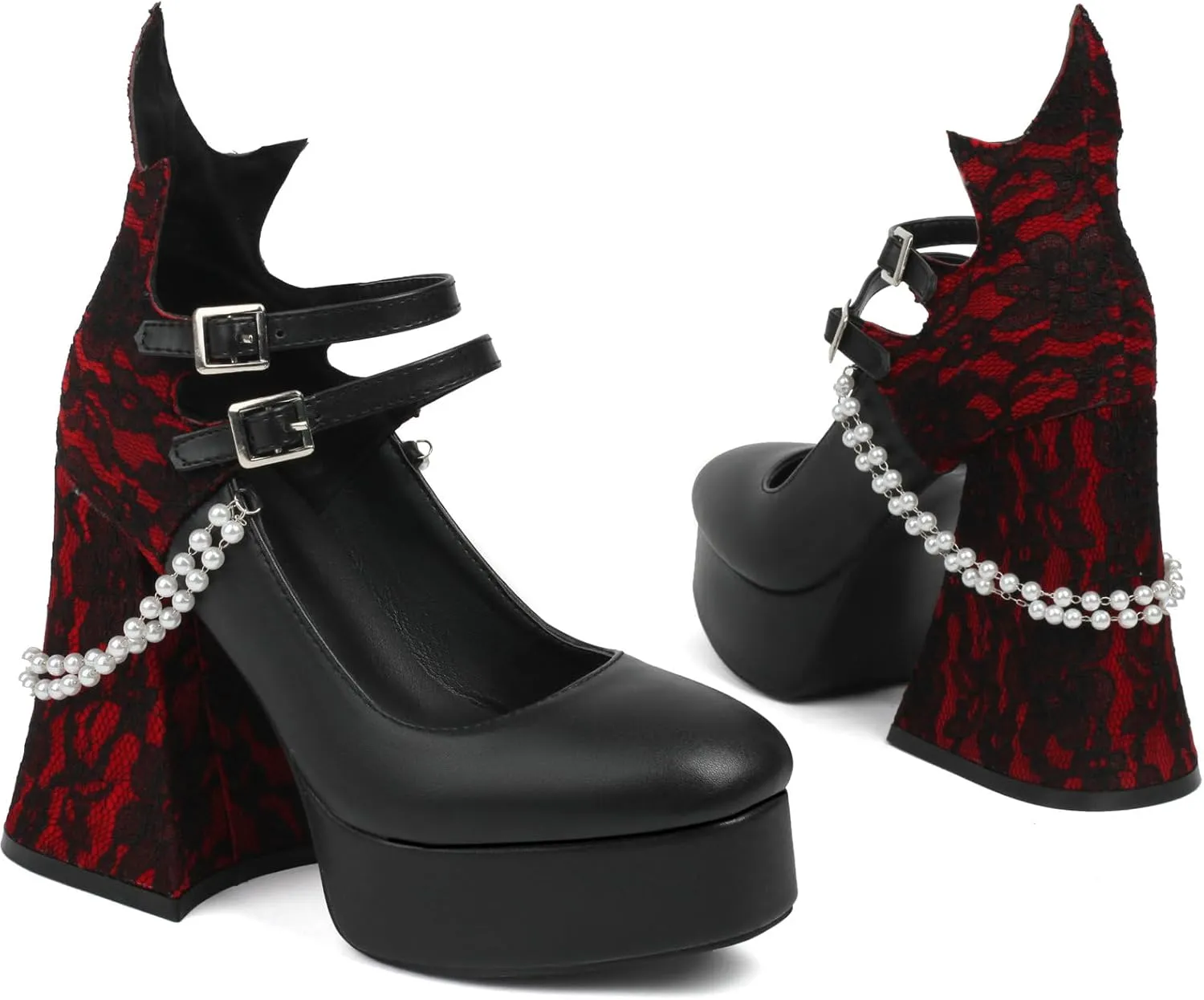 LUXMAX Women's Goth Lolita Shoes Platform Mary Janes Chunky Heel Pumps Lace Flower Gothic Heels Cosplay Shoes