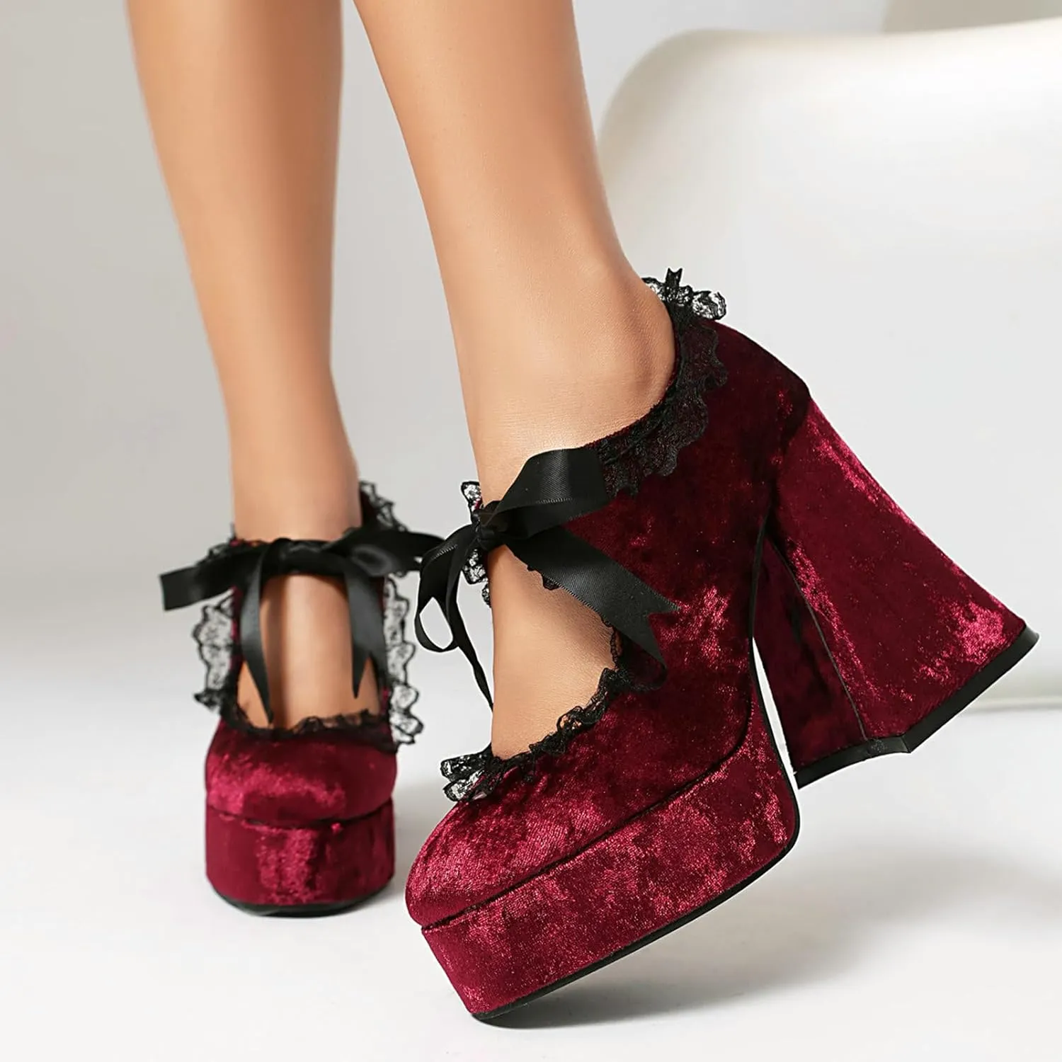 LUXMAX Women's Goth Lolita Shoes Platform Mary Janes Chunky Heel Pumps Lace Flower Gothic Heels Cosplay Shoes