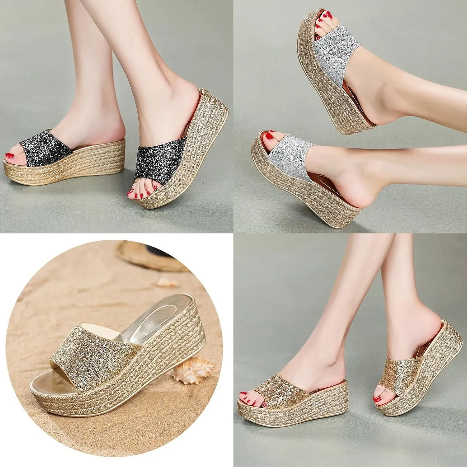 Lymphvity Women's Crystal Open Toe Wedge Sandals Slides,Summer Fashion Outdoor Platform High Heeled Casual Dress Rhinestones Wedge Sandals