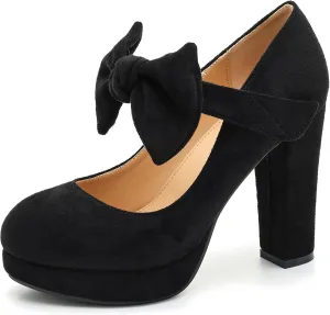 MAIERNISI JESSI Women's Bow Heel Pumps Platform Chunky High Heeled Wedding Dress Shoes