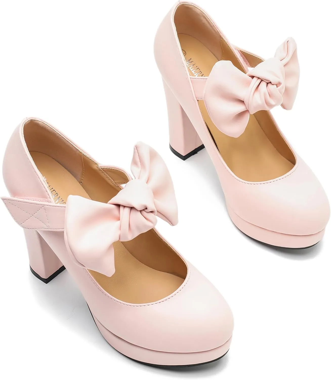MAIERNISI JESSI Women's Bow Heel Pumps Platform Chunky High Heeled Wedding Dress Shoes
