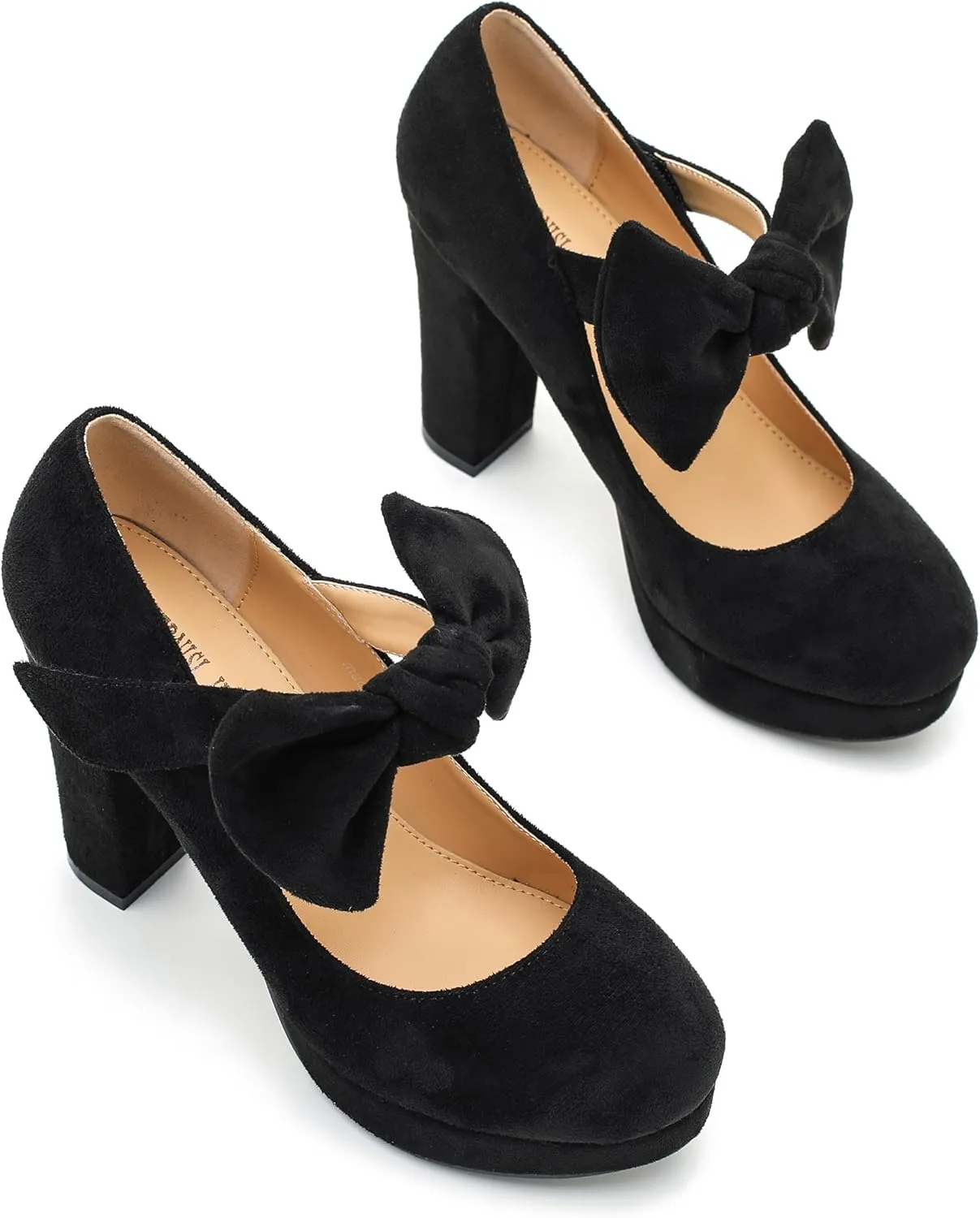 MAIERNISI JESSI Women's Bow Heel Pumps Platform Chunky High Heeled Wedding Dress Shoes