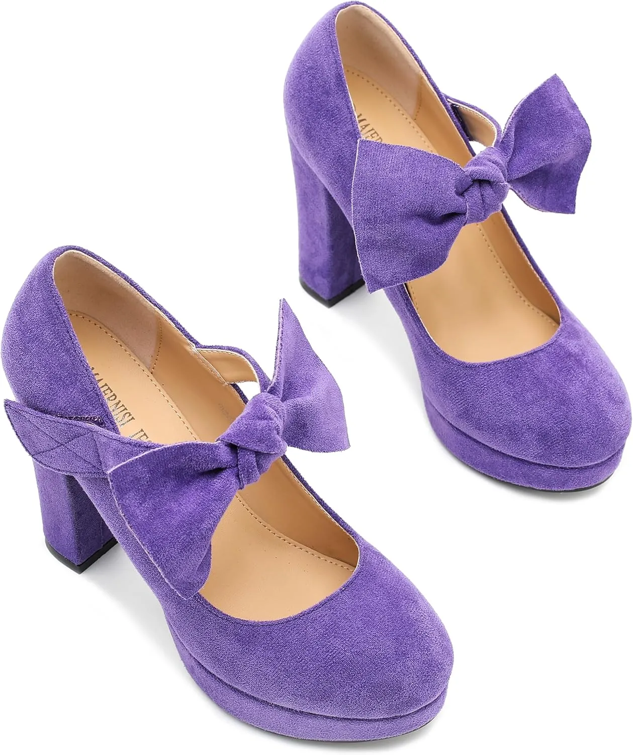 MAIERNISI JESSI Women's Bow Heel Pumps Platform Chunky High Heeled Wedding Dress Shoes
