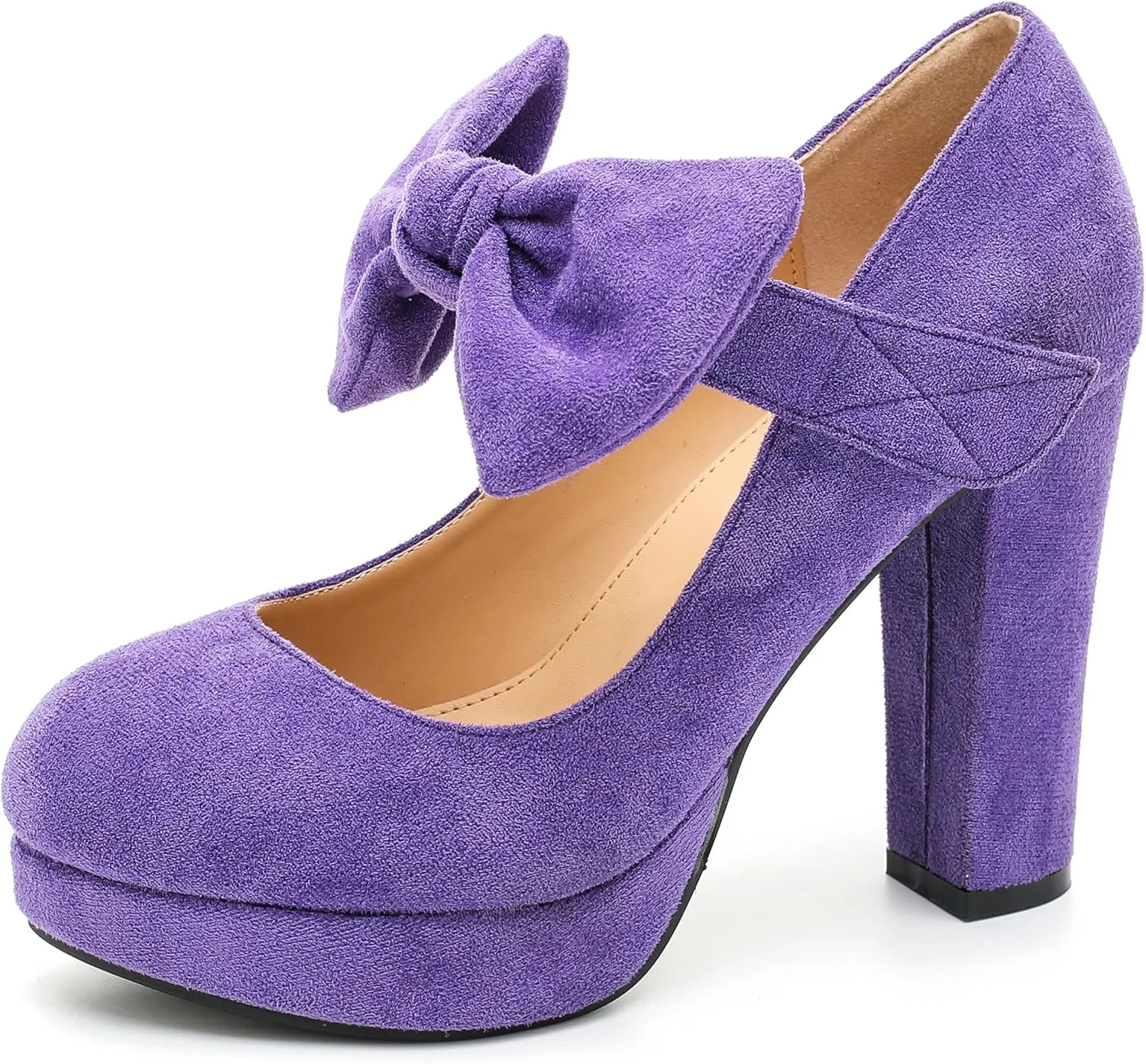 MAIERNISI JESSI Women's Bow Heel Pumps Platform Chunky High Heeled Wedding Dress Shoes