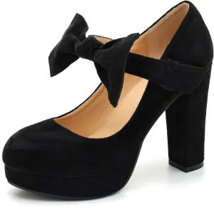 MAIERNISI JESSI Women's Bow Heel Pumps Platform Chunky High Heeled Wedding Dress Shoes