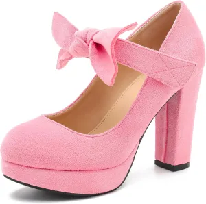 MAIERNISI JESSI Women's Bow Heel Pumps Platform Chunky High Heeled Wedding Dress Shoes