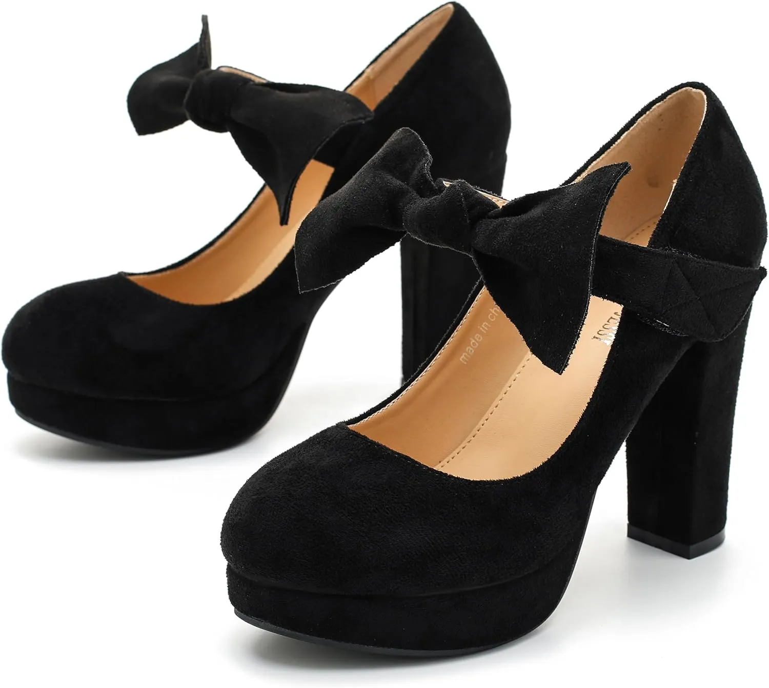 MAIERNISI JESSI Women's Bow Heel Pumps Platform Chunky High Heeled Wedding Dress Shoes