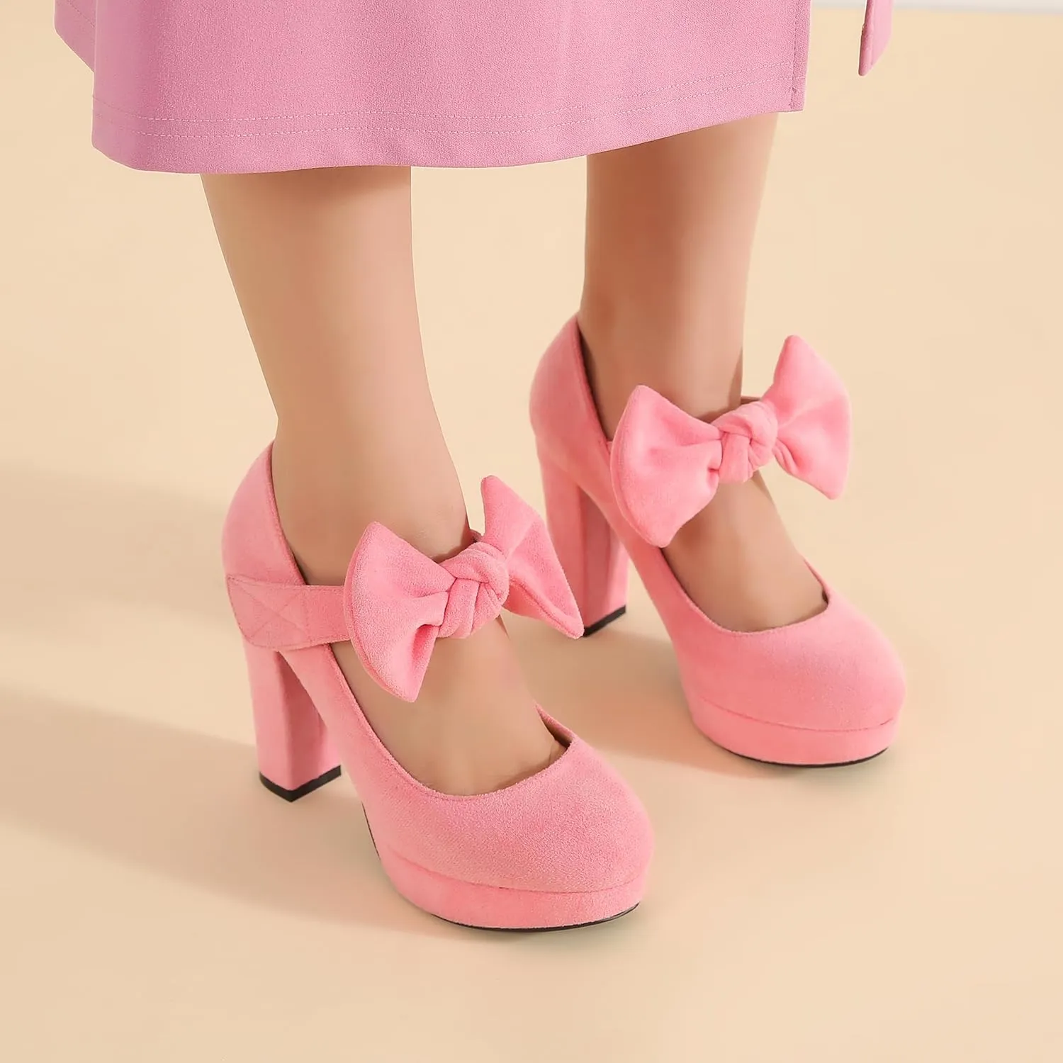 MAIERNISI JESSI Women's Bow Heel Pumps Platform Chunky High Heeled Wedding Dress Shoes