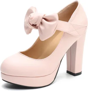 MAIERNISI JESSI Women's Bow Heel Pumps Platform Chunky High Heeled Wedding Dress Shoes