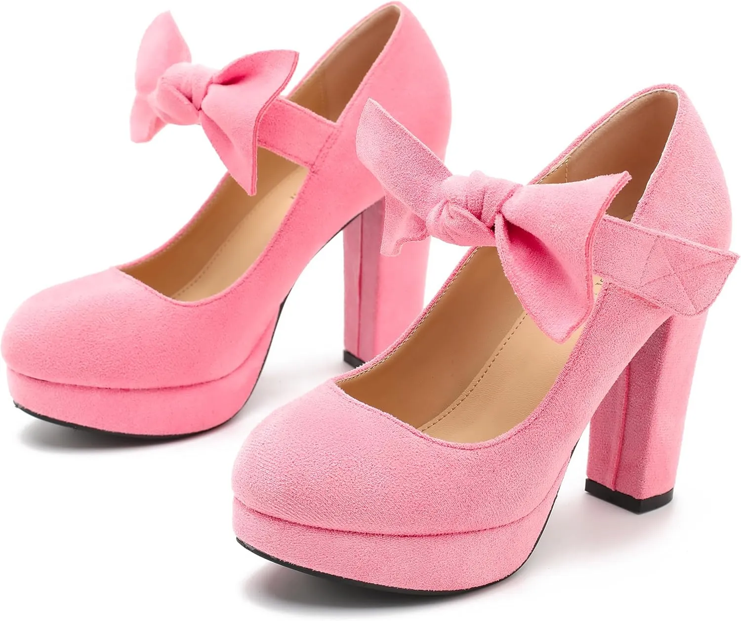 MAIERNISI JESSI Women's Bow Heel Pumps Platform Chunky High Heeled Wedding Dress Shoes