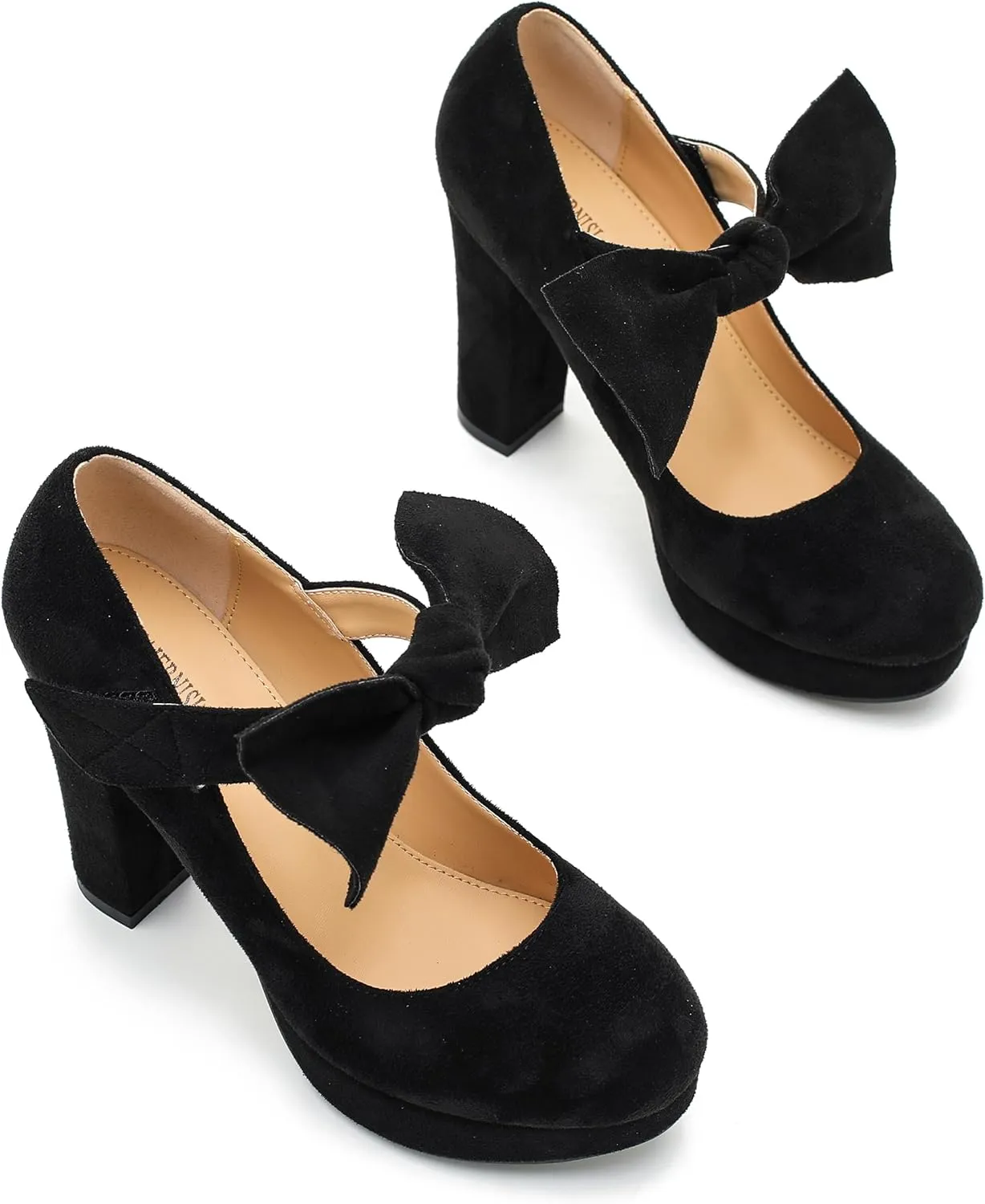 MAIERNISI JESSI Women's Bow Heel Pumps Platform Chunky High Heeled Wedding Dress Shoes