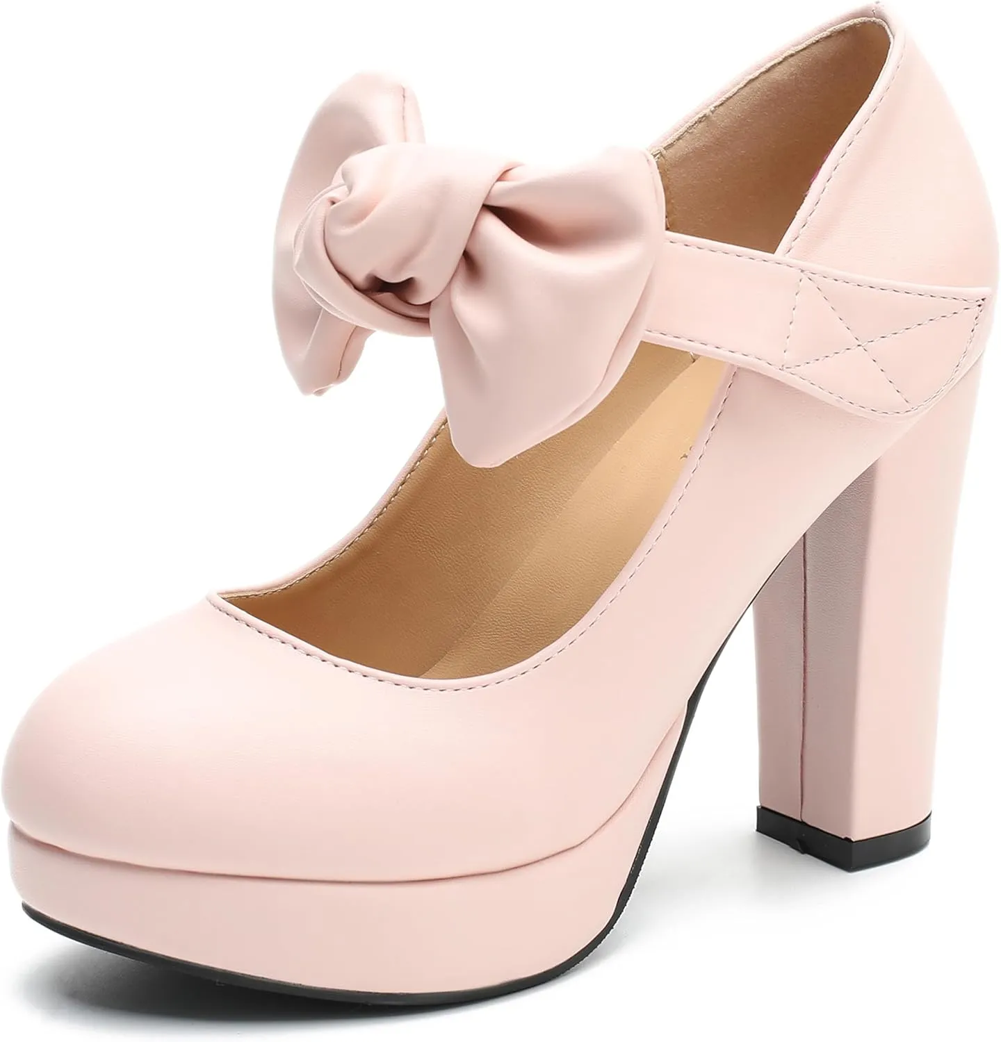 MAIERNISI JESSI Women's Bow Heel Pumps Platform Chunky High Heeled Wedding Dress Shoes