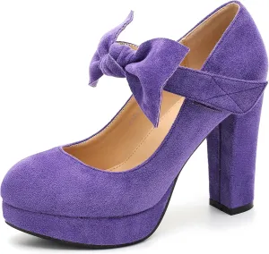 MAIERNISI JESSI Women's Bow Heel Pumps Platform Chunky High Heeled Wedding Dress Shoes