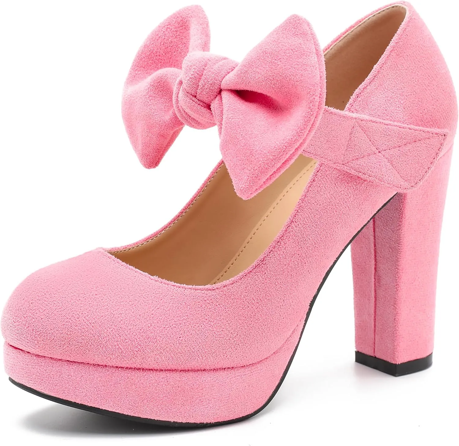 MAIERNISI JESSI Women's Bow Heel Pumps Platform Chunky High Heeled Wedding Dress Shoes