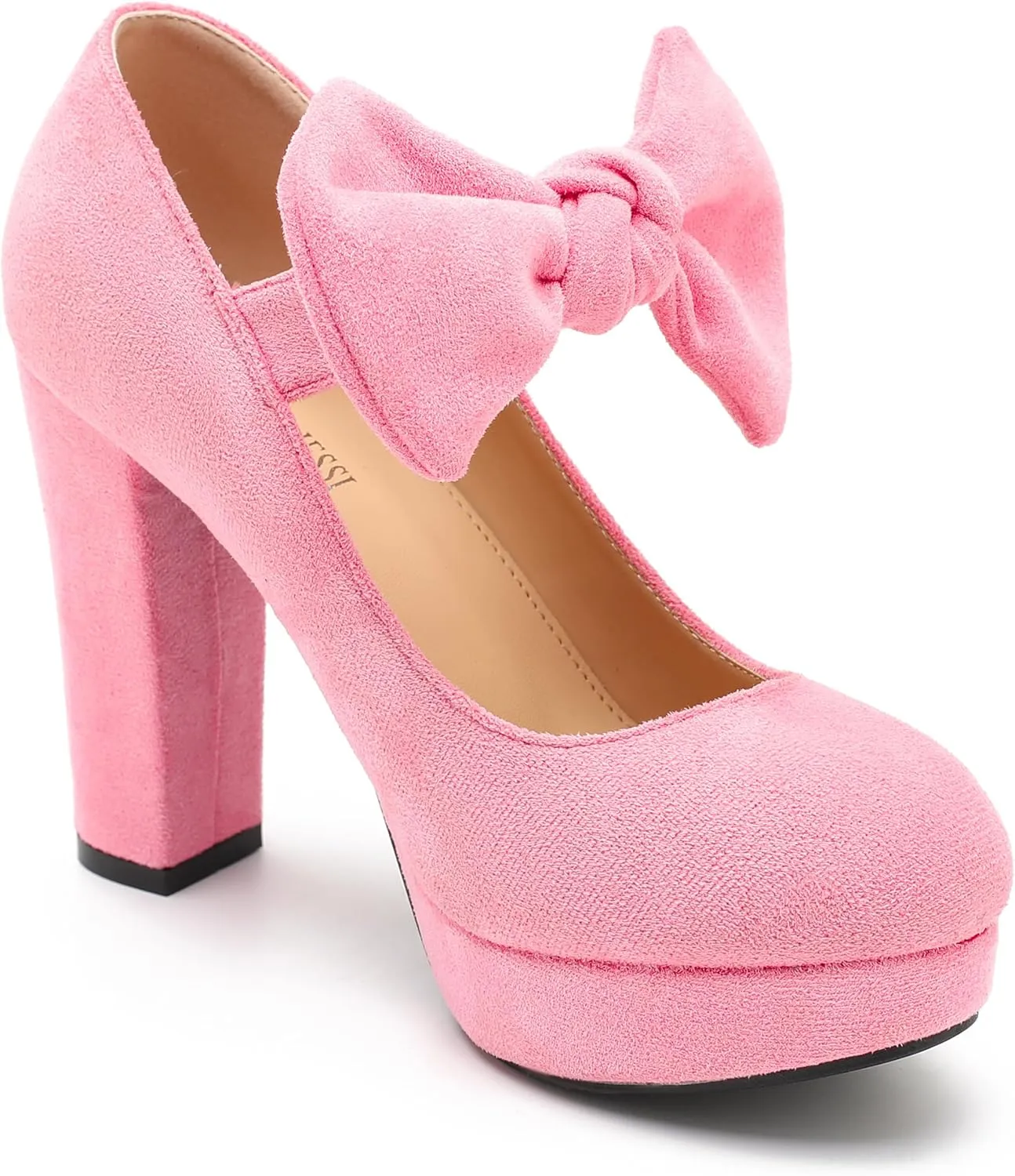 MAIERNISI JESSI Women's Bow Heel Pumps Platform Chunky High Heeled Wedding Dress Shoes