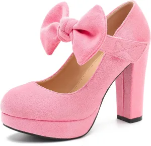 MAIERNISI JESSI Women's Bow Heel Pumps Platform Chunky High Heeled Wedding Dress Shoes