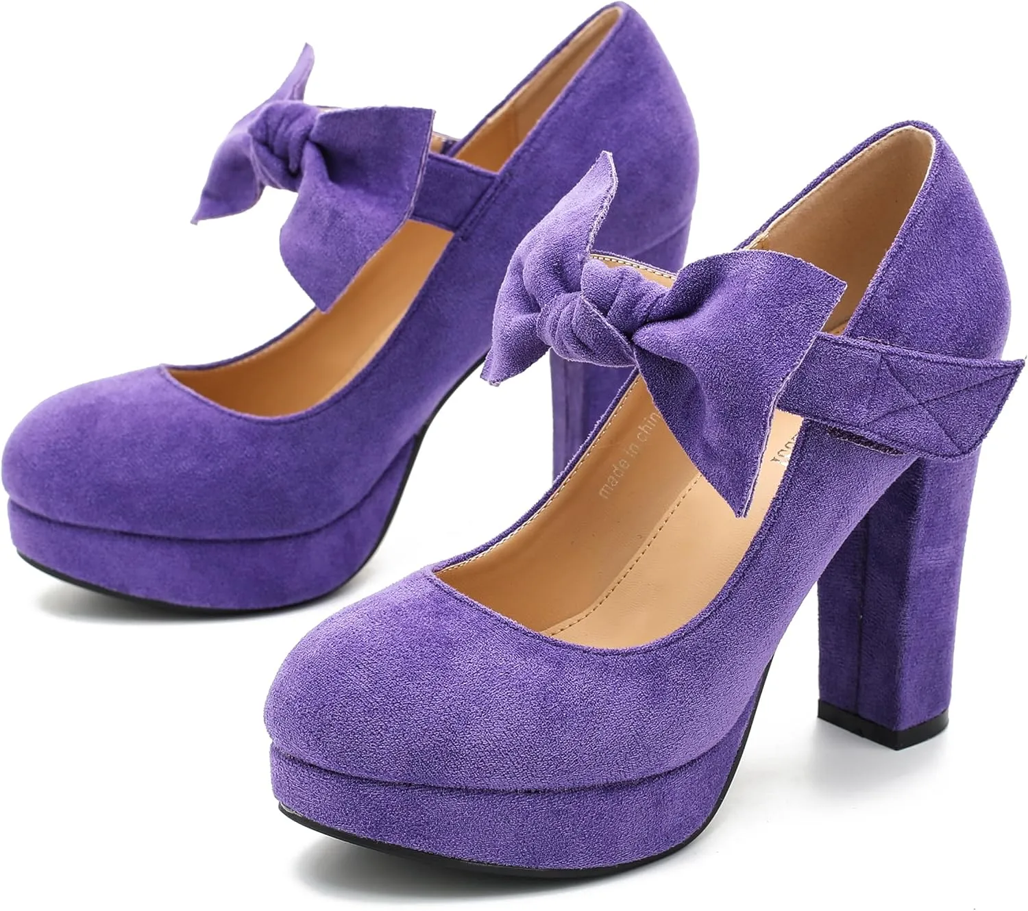 MAIERNISI JESSI Women's Bow Heel Pumps Platform Chunky High Heeled Wedding Dress Shoes