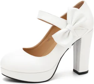 MAIERNISI JESSI Women's Bow Heel Pumps Platform High Heeled Wedding Dress Shoes