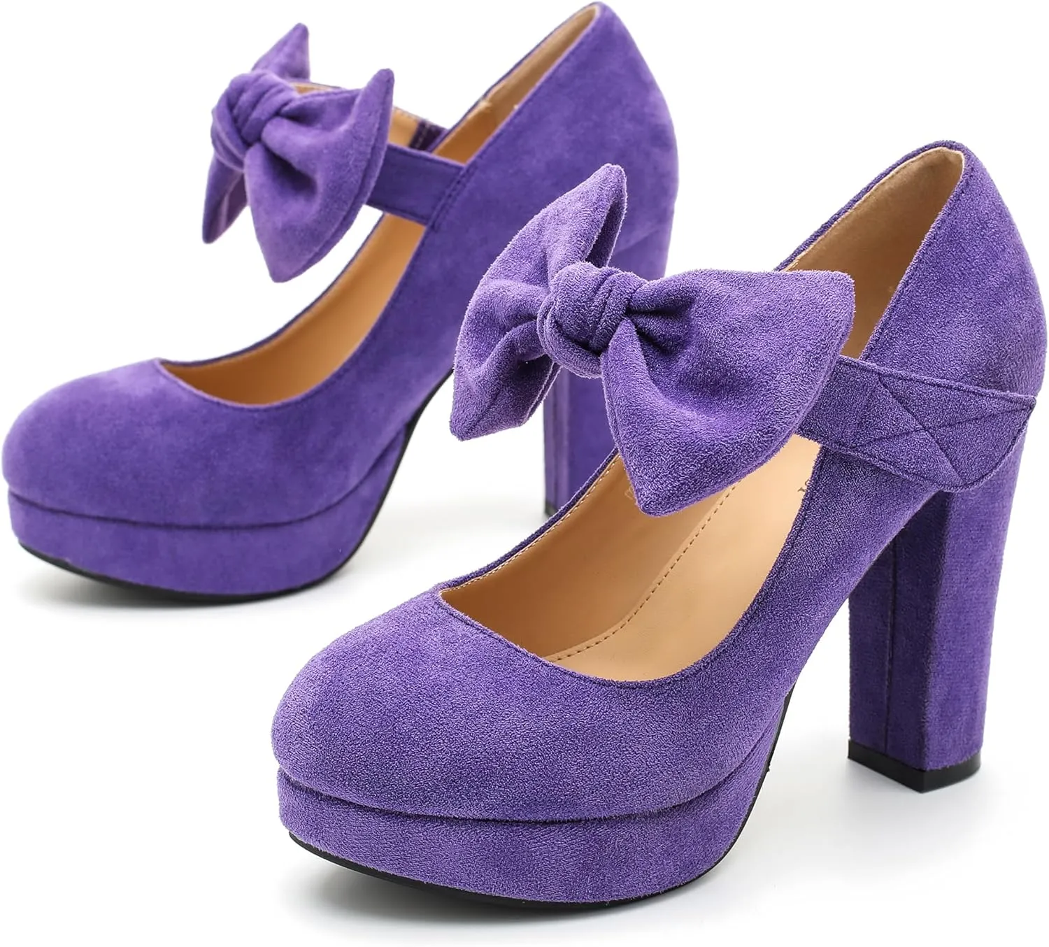 MAIERNISI JESSI Women's Bow Heel Pumps Removable Bow Platform Chunky High Heeled Wedding Dress Shoes