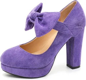 MAIERNISI JESSI Women's Bow Heel Pumps Removable Bow Platform Chunky High Heeled Wedding Dress Shoes