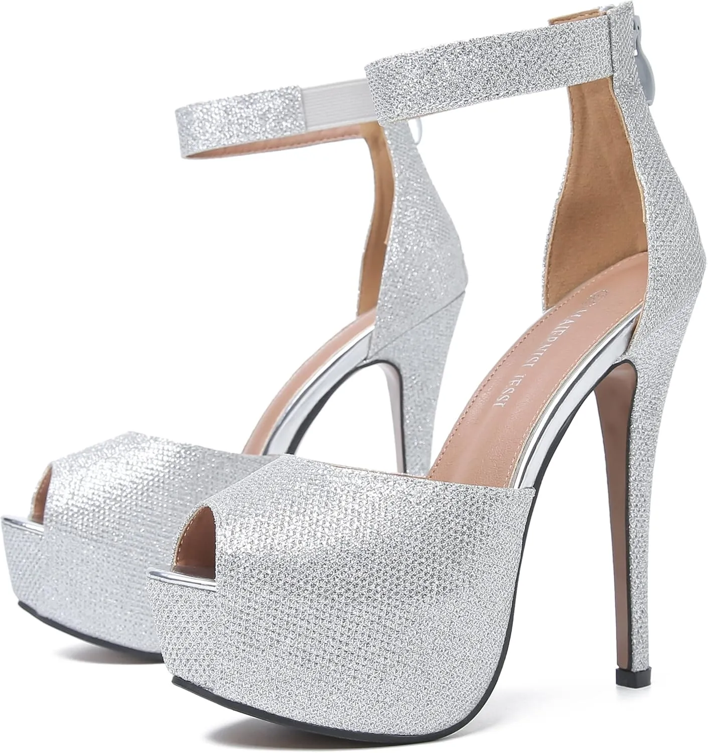 MAIERNISI JESSI Womens Sandals Platform Peep Toe Ankle Strap Stiletto High Heel Dress Zip