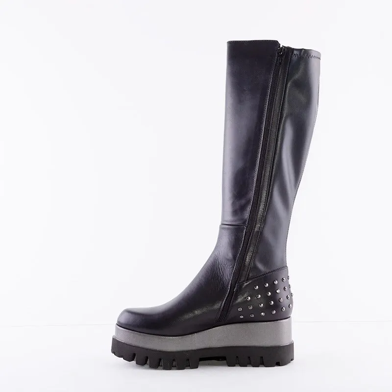 MARCO MOREO - A193 LONG BOOT WITH WEDGE PLATFORM - BLACK LEATHER