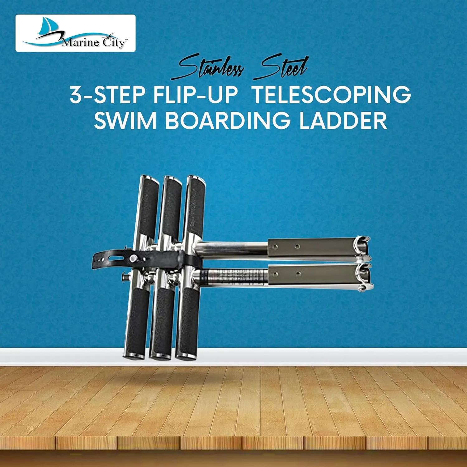 MARINE CITY 3-Step Telescoping Swim Platform Ladder – 304 Stainless Steel, Flip-Up Design, Anti-Slip Steps, 33" Pull-Out Length for Boats & Marine Use (Pack of 1)