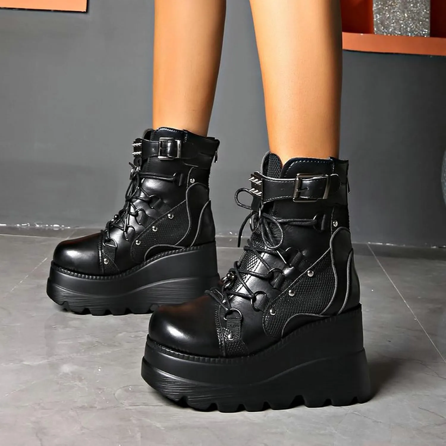 Meefit Women Goth platform Boots Wedge High Heel Lace Up Ankle Boots Round Toe Combat Booties Motorcycle Boot
