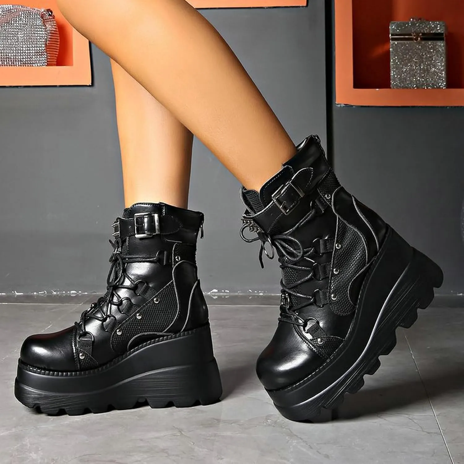 Meefit Women Goth platform Boots Wedge High Heel Lace Up Ankle Boots Round Toe Combat Booties Motorcycle Boot