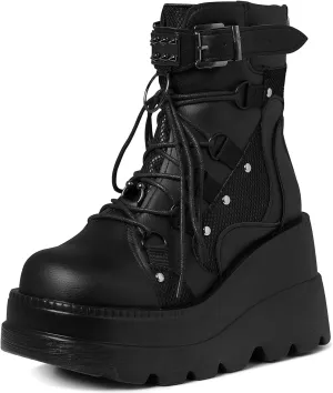 Meefit Women Goth platform Boots Wedge High Heel Lace Up Ankle Boots Round Toe Combat Booties Motorcycle Boot
