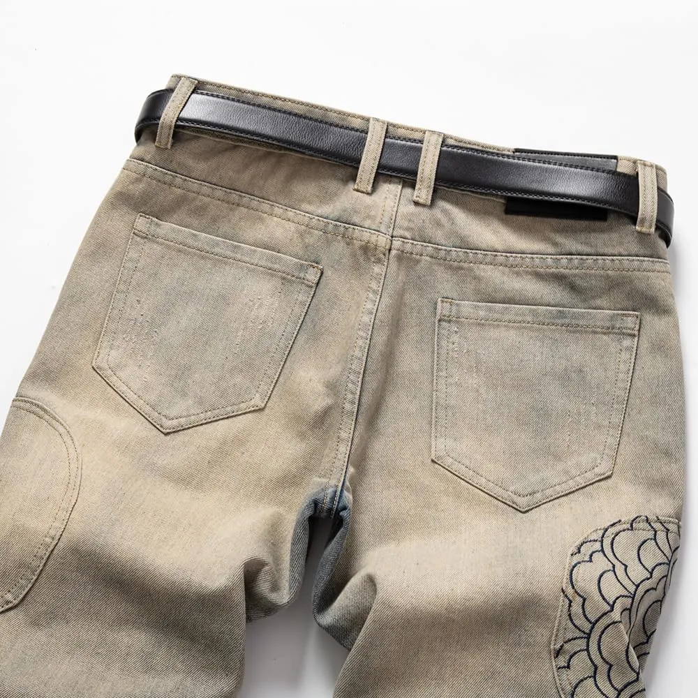 Men's Biker Straight Jeans Designer Comfort Denim Pants Slim-Fit Soft Casual