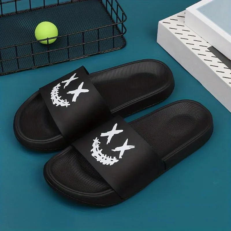 Men's Cartoon Smile Print Slip-On Slides - Soft, Non-Slip Indoor/Outdoor Slippers