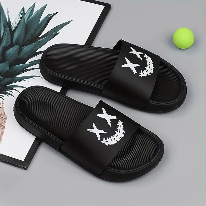 Men's Cartoon Smile Print Slip-On Slides - Soft, Non-Slip Indoor/Outdoor Slippers