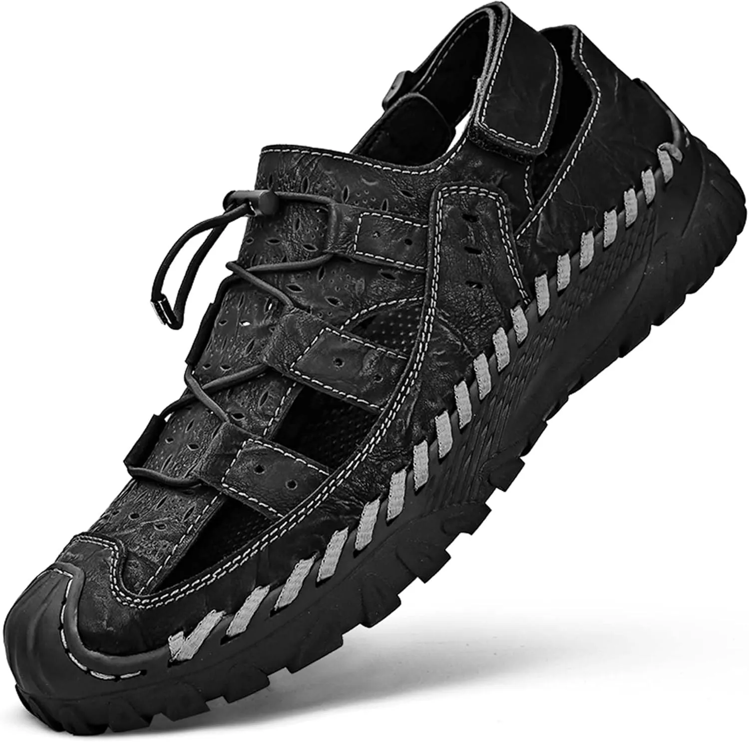 Men's Cowhide Closed Toe Sandals Sports Casual Handmade Sandals Adjustable Slip On Walking Shoes Slip Resistant Outdoor Climbing Off-Road Camping Shoes