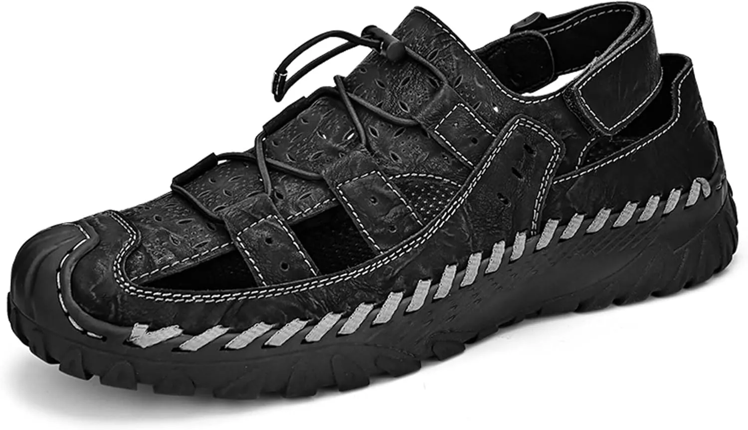 Men's Cowhide Closed Toe Sandals Sports Casual Handmade Sandals Adjustable Slip On Walking Shoes Slip Resistant Outdoor Climbing Off-Road Camping Shoes