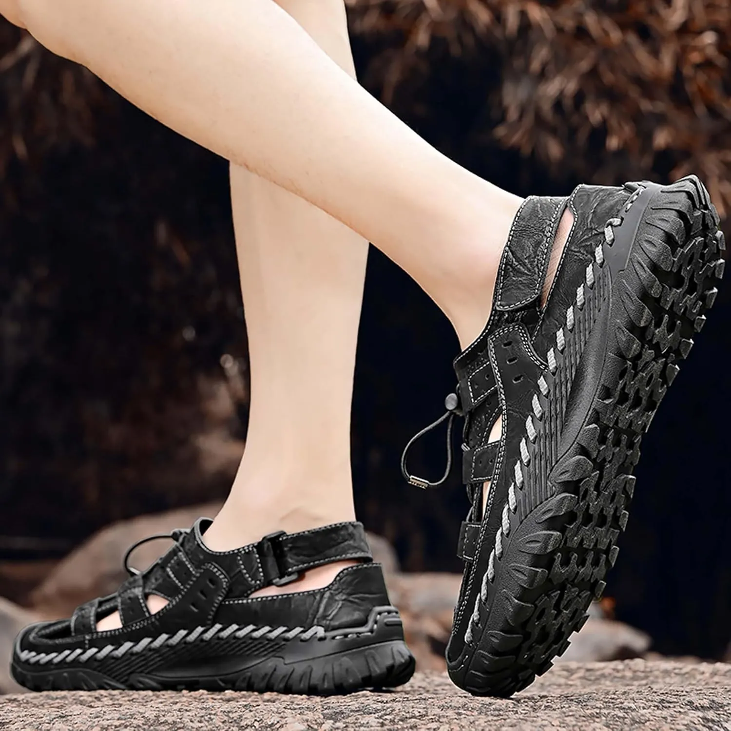 Men's Cowhide Closed Toe Sandals Sports Casual Handmade Sandals Adjustable Slip On Walking Shoes Slip Resistant Outdoor Climbing Off-Road Camping Shoes