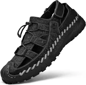 Men's Cowhide Closed Toe Sandals Sports Casual Handmade Sandals Adjustable Slip On Walking Shoes Slip Resistant Outdoor Climbing Off-Road Camping Shoes
