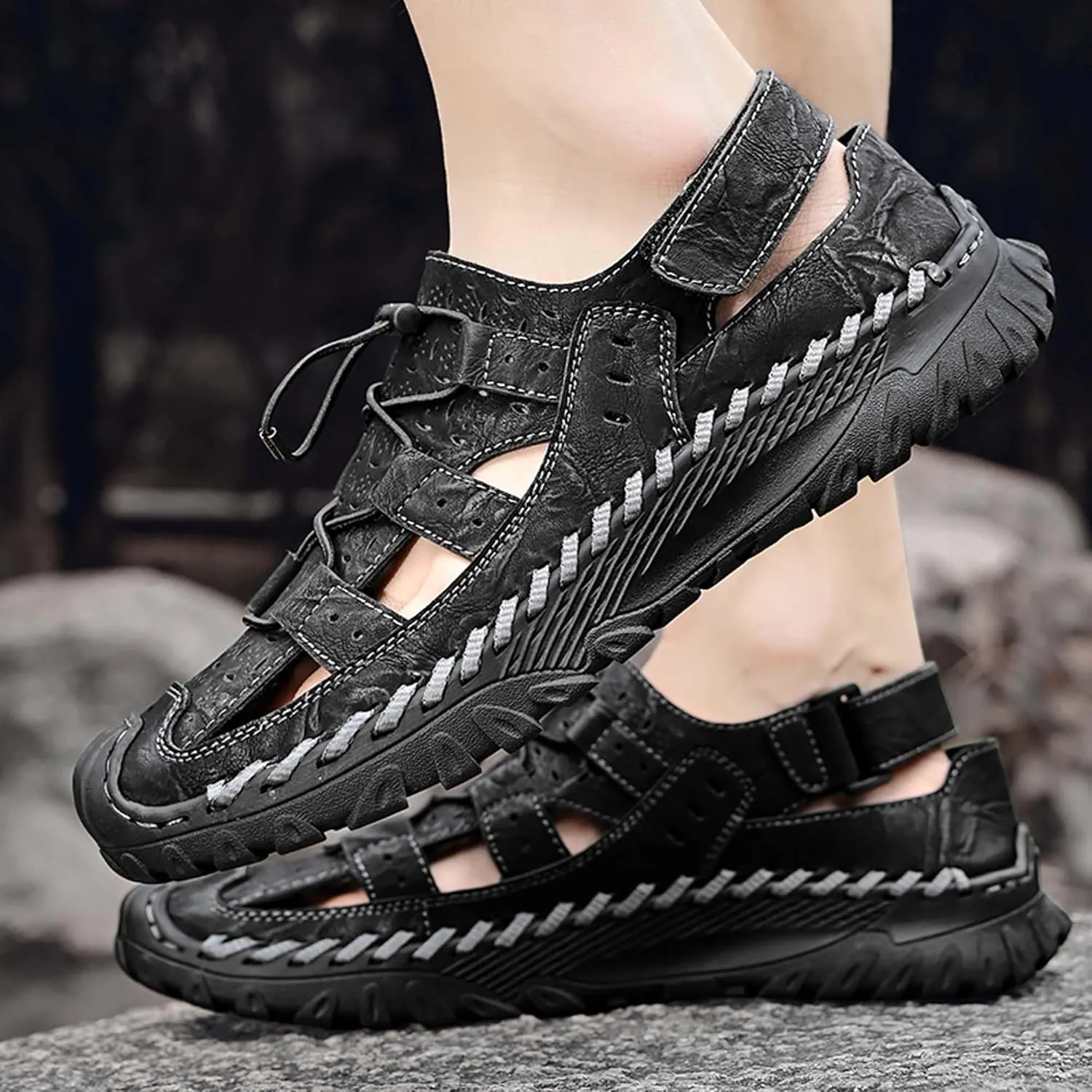 Men's Cowhide Closed Toe Sandals Sports Casual Handmade Sandals Adjustable Slip On Walking Shoes Slip Resistant Outdoor Climbing Off-Road Camping Shoes