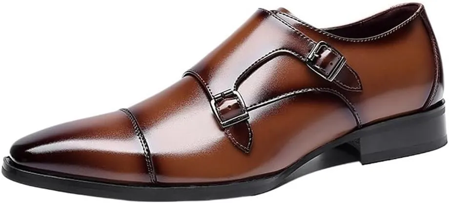 Mens Dress Shoes Toe Double Monk Vegan Pu Leather Party Slip-on Pointed Toe Party Wedding Anti-Slip Slip Resistant Rubber Sole Classic
