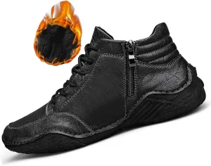 Men's Leather Lace Up Sports Ankle Boots Traditional Handmade Stitched Large Size Leather Shoes Outdoor Casual Non-Slip Running Sports Hiking Boots with Side Zippers