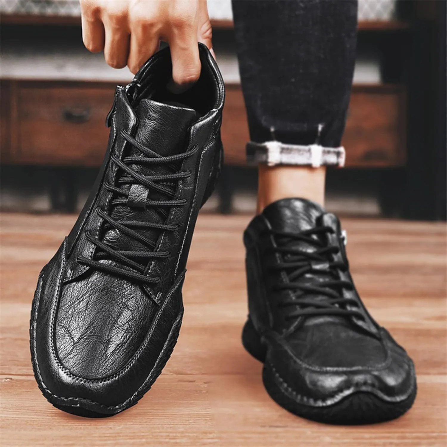 Men's Leather Lace Up Sports Ankle Boots Traditional Handmade Stitched Large Size Leather Shoes Outdoor Casual Non-Slip Running Sports Hiking Boots with Side Zippers