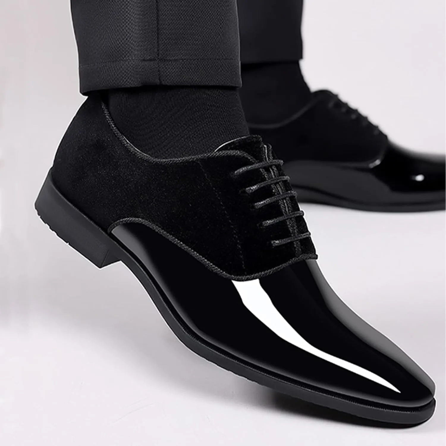Men's Patent Leather Suede Dress Oxfords Casual Non-Slip Hi-Gloss Style Oxford Shoes Classic Lace-Up Business Wedding Tuxedo Shoes