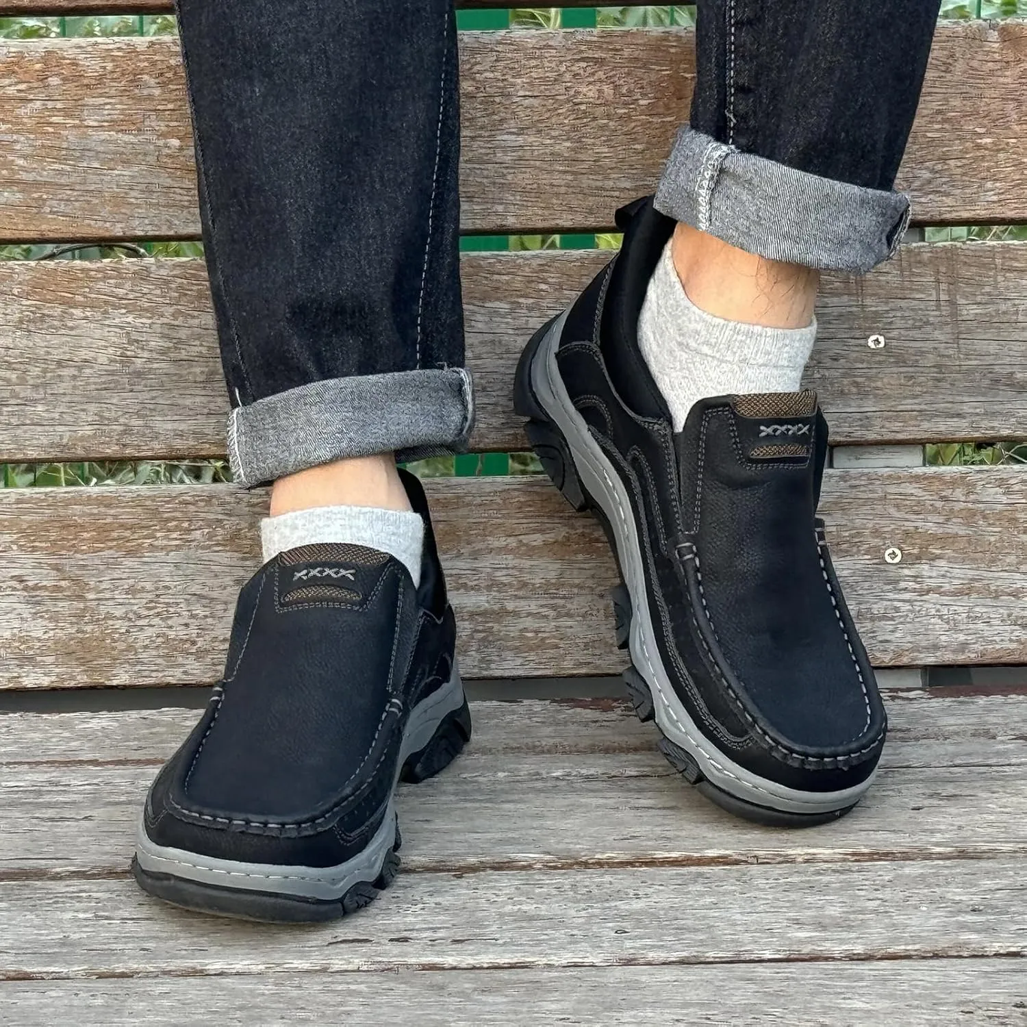 Mens Slip On Hands Free Leather Walking Outdoor Slip-Ins Loafers Work Hiking Causal Shoes