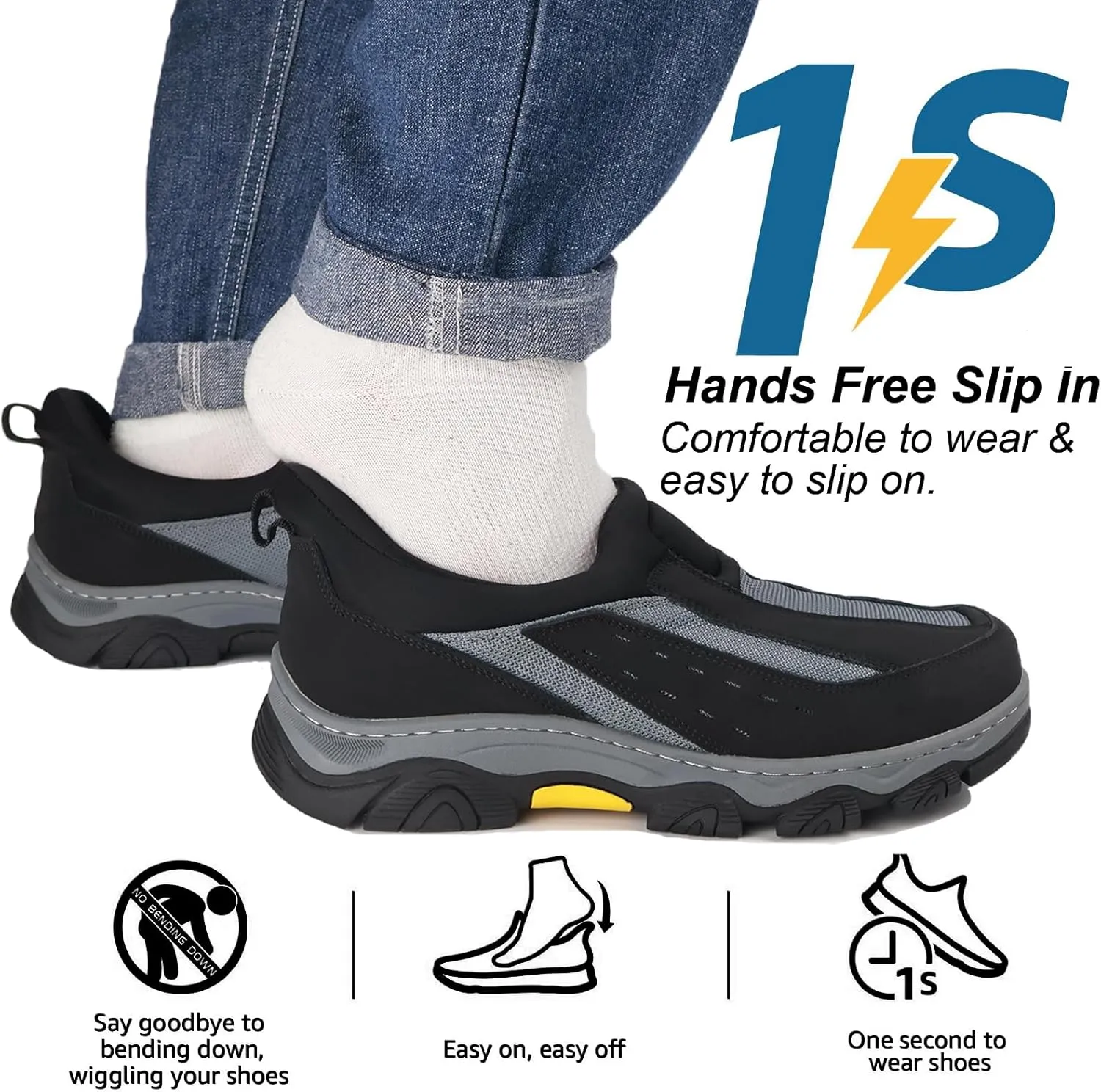 Mens Slip On Hands Free Loafers Causal Outdoor Walking Slip-Ins Breathable Step in Work Shoes