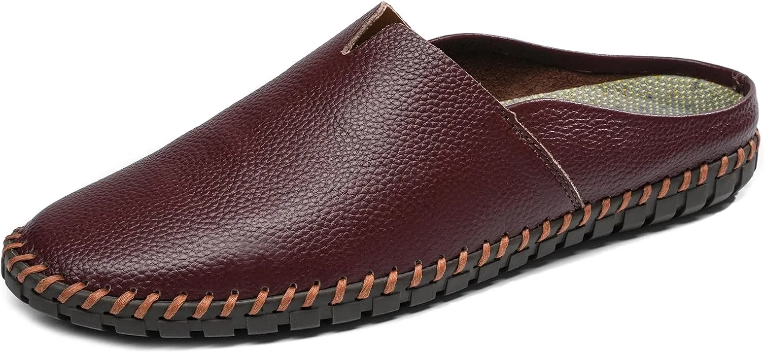 Men’s Slip-On Loafers Mules Clog Handmade Leather Slippers Hand Stitched no-Heel Casual Shoes for Men Breathable Comfortable Soft