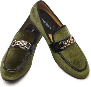 Men's Velvet Loafers,Mens Dress Shoes with Gold Chain, Slip On Flats Smoking Slippers Penny Shoes for Men