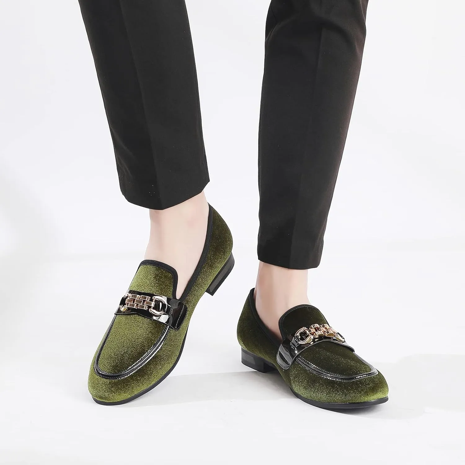 Men's Velvet Loafers,Mens Dress Shoes with Gold Chain, Slip On Flats Smoking Slippers Penny Shoes for Men