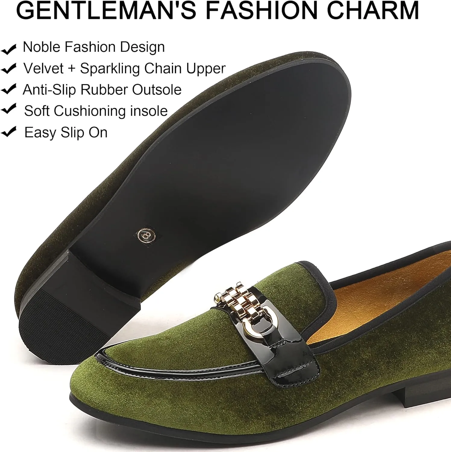 Men's Velvet Loafers,Mens Dress Shoes with Gold Chain, Slip On Flats Smoking Slippers Penny Shoes for Men