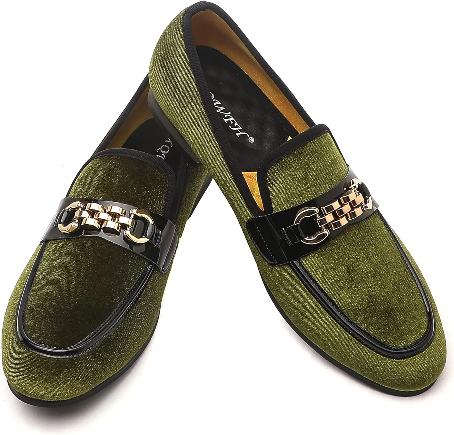 Men's Velvet Loafers,Mens Dress Shoes with Gold Chain, Slip On Flats Smoking Slippers Penny Shoes for Men